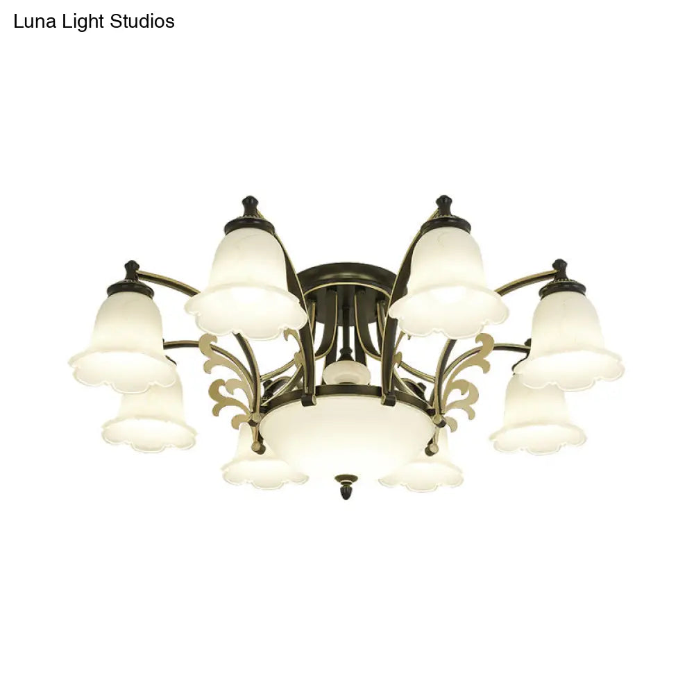 Vintage Floral White Glass Ceiling Lamp with 3/6/8 Lights for Dining Room - Semi Flush Mount in Black