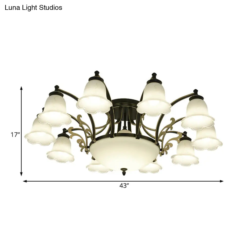 Vintage Floral White Glass Ceiling Lamp with 3/6/8 Lights for Dining Room - Semi Flush Mount in Black