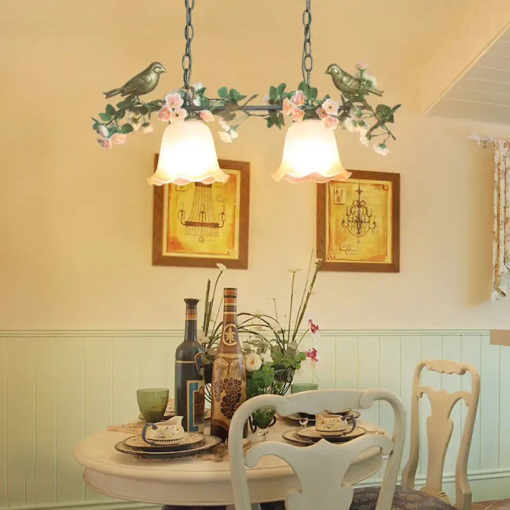 DecorBites white glass island light with vintage frosted shades featuring painted green birds and pink blossoms for rose restaurant suspension