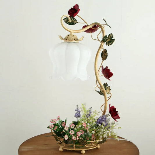 Vintage Flower Desk Lamp - 1 Light Cream Glass Nightstand Lighting with Floral Decor in White/Beige/Blue