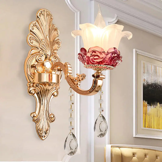 Vintage Flower Milk Glass Wall Sconce - Brass Finish with Clear Crystal Decoration