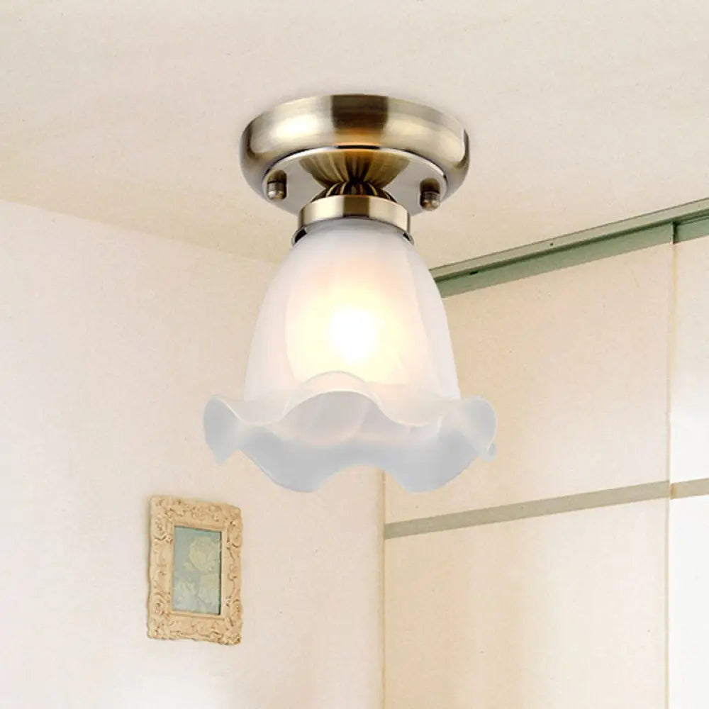 Vintage Flower Shade Flush Mount Light with Frosted Glass - White Semi Flush Ceiling Light