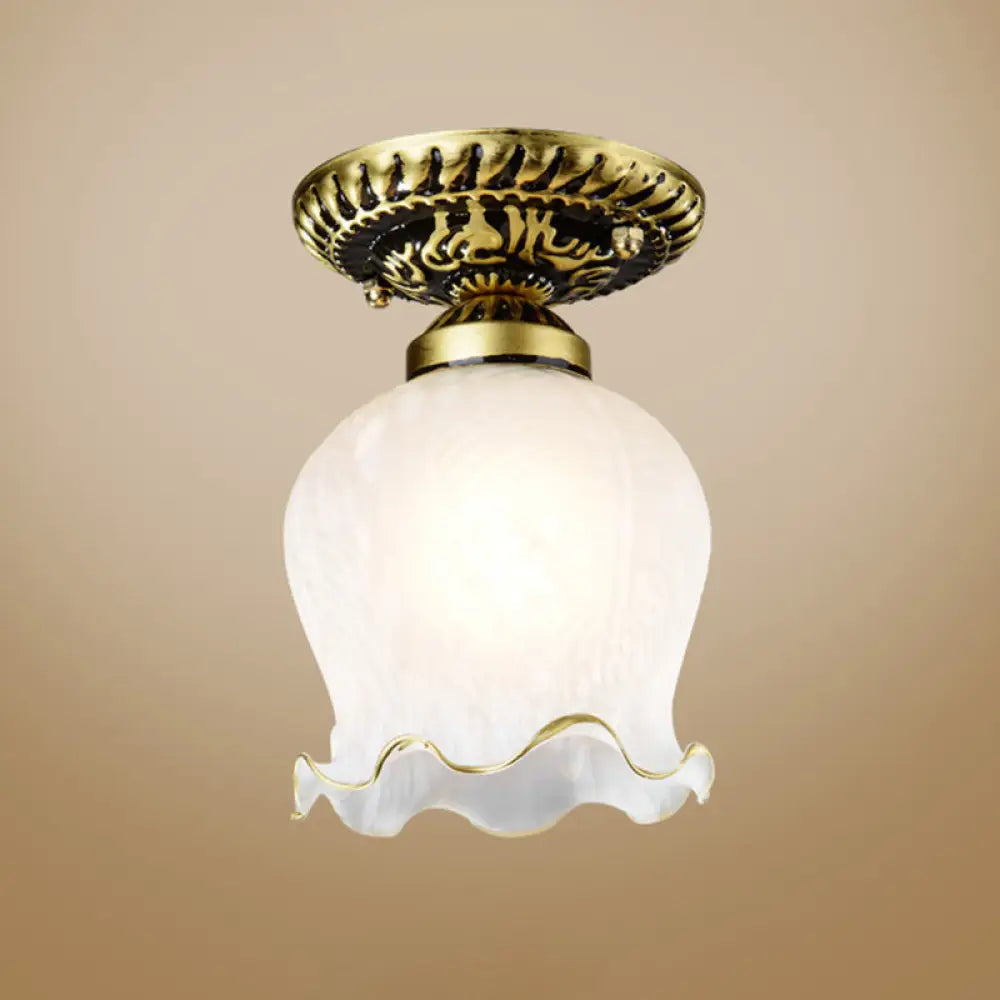 Vintage Flower Shade Flush Mount Light with Frosted Glass - White Semi Flush Ceiling Light