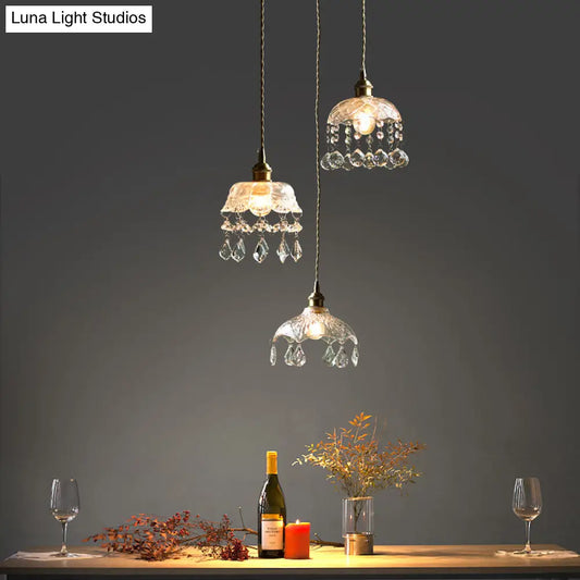 Vintage Flower Shaped Clear Glass Flower Pendant Light with Teardrop Crystals