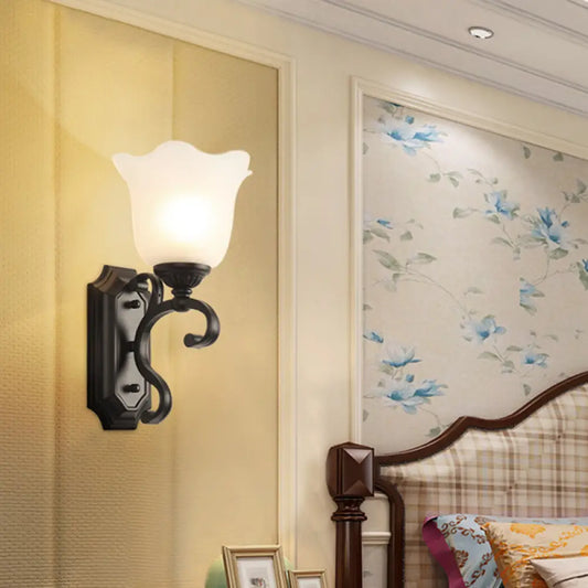 Vintage Flower Shaped Wall Mounted Lamp for Bedroom - Frost Glass Black Wall Light