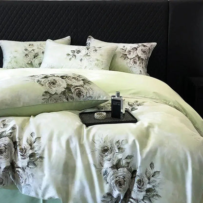 Elegant ivory satin bedding set with vintage flowers print featuring a delicate grayscale rose floral pattern