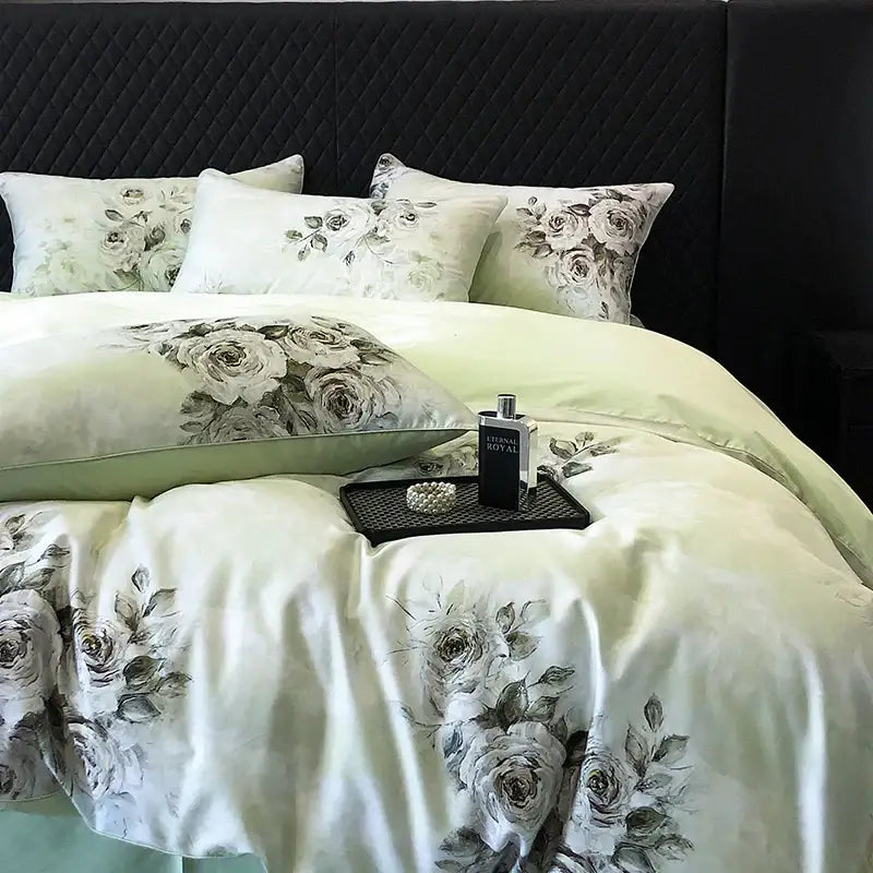 Elegant ivory satin bedding set with vintage flowers print featuring a delicate grayscale rose floral pattern