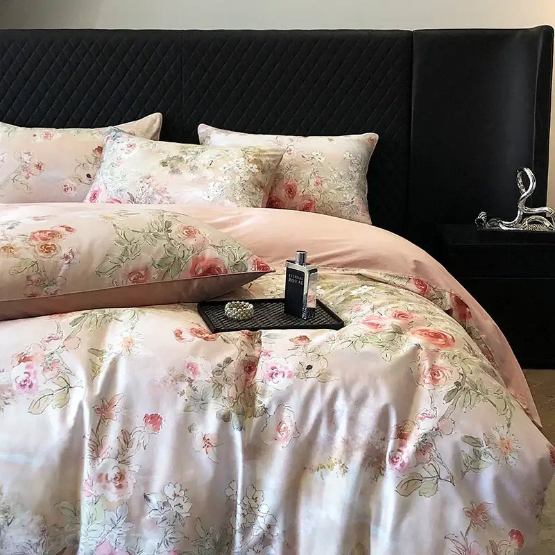 Vintage flowers print cream satin bedding set with pink floral flowers print featuring delicate roses and green leaves