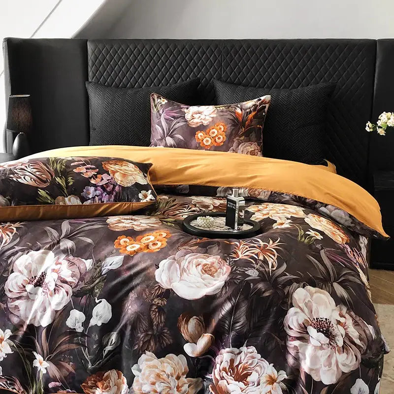 Elegant dark floral duvet bedding set with vintage flowers print cream satin featuring velvety texture and orange accents