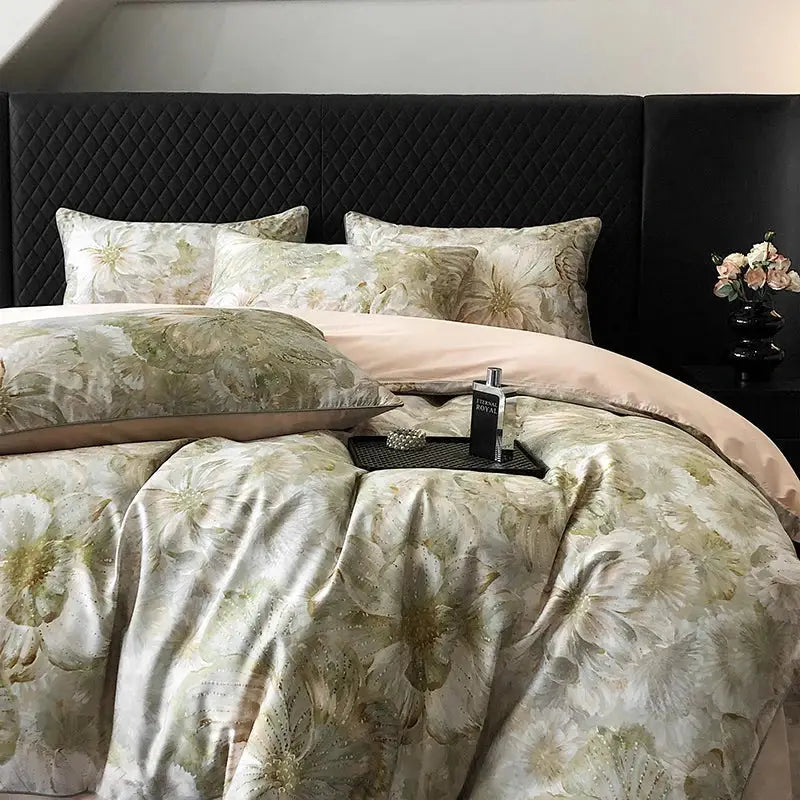 Elegant ivory and sage green satin bedding set with vintage flowers print and subtle gold accents for bedroom use