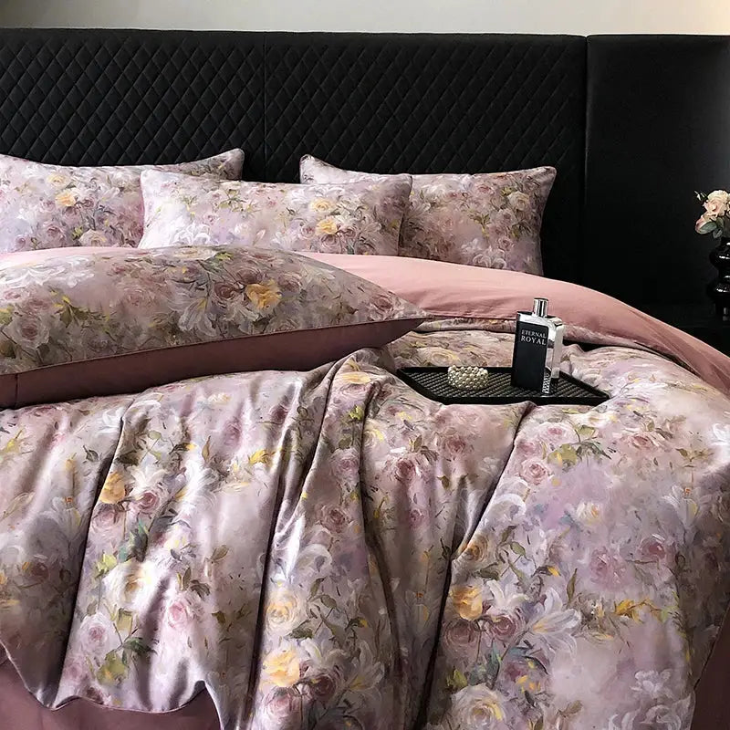 Luxurious cream satin bedding set with vintage flowers print in mauve blush pink and pale yellow hues for bedroom use