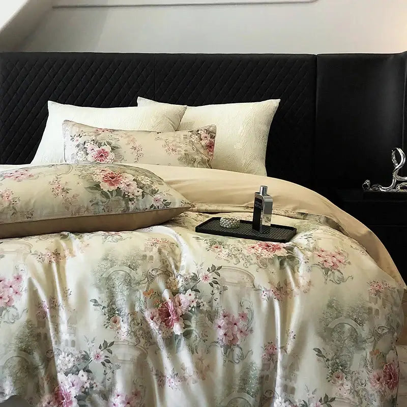 Cream-colored satin duvet cover with delicate pink and green vintage flowers print bedding set design