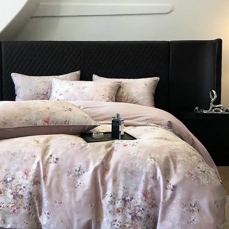 Pink floral satin duvet cover set with matching pillows featuring vintage flowers print cream satin bedding set