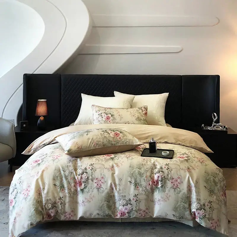 Elegant cream satin bedding set with vintage flowers print featuring pink green and beige blossoms and soft finish
