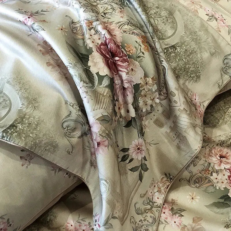 Luxurious cream satin bedding set with vintage flowers print featuring intricate floral and architectural patterns