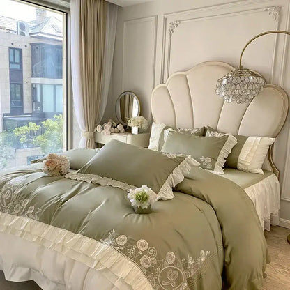 Vintage french bedding set in olive green satin with cream lace ruffles and delicate embroidery patterns