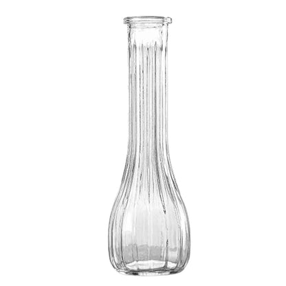 Vintage French clear glass vase with vertical ribbed texture and slender neck for elegant plant pot decor