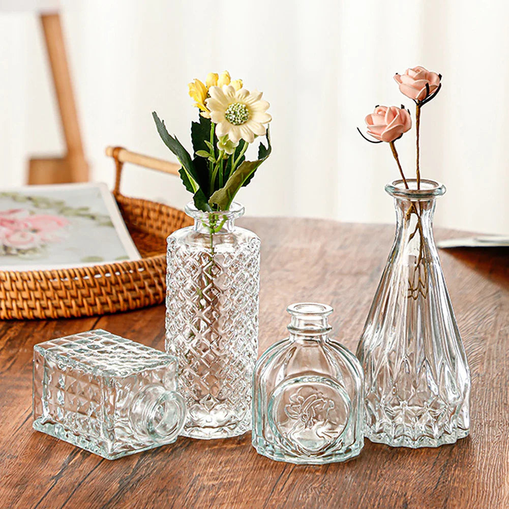 Vintage french clear glass vase with intricate diamond cut patterns in various shapes as ornamental pot decor