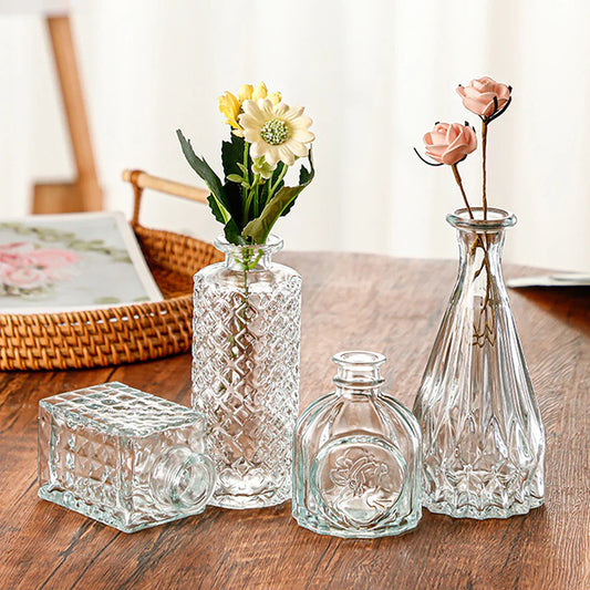 Vintage french clear glass vase with intricate diamond cut patterns in various shapes as ornamental pot decor