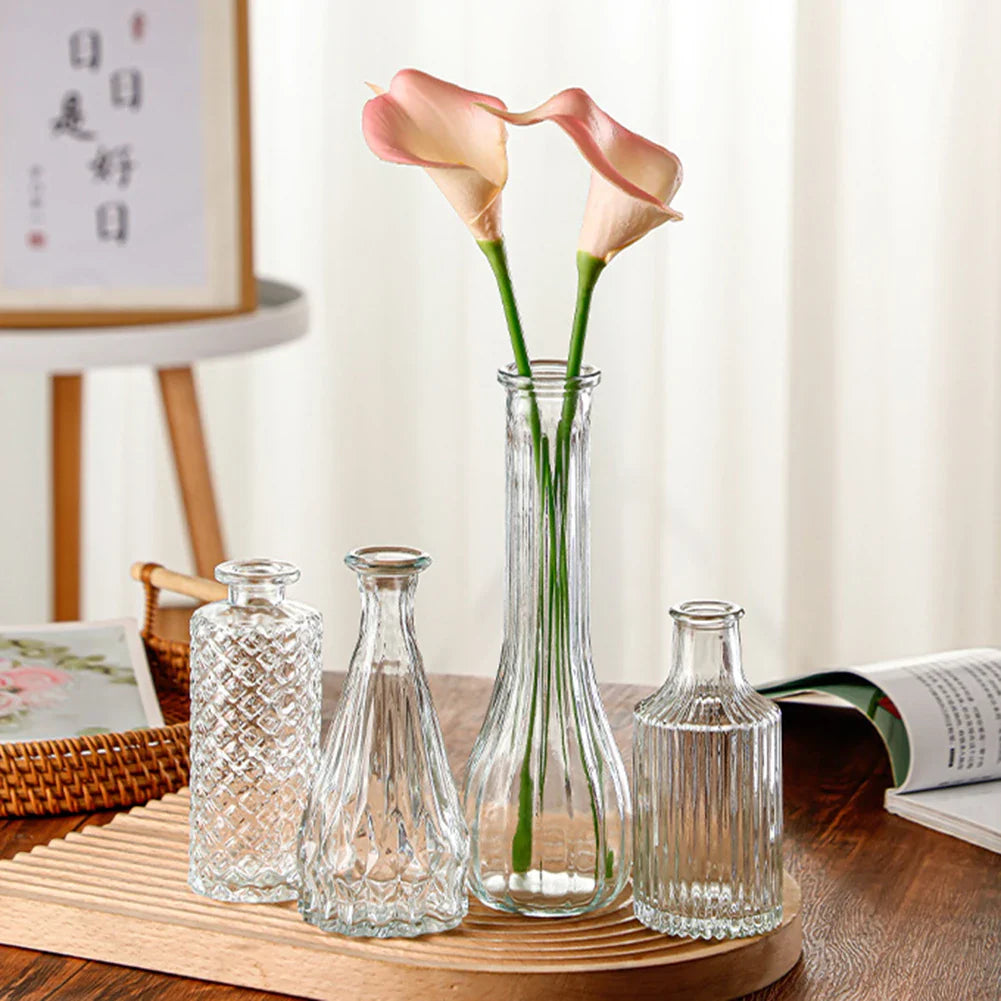 Vintage French clear glass vase with textured faceted surfaces in varying heights for elegant pot decor and plant pot decor