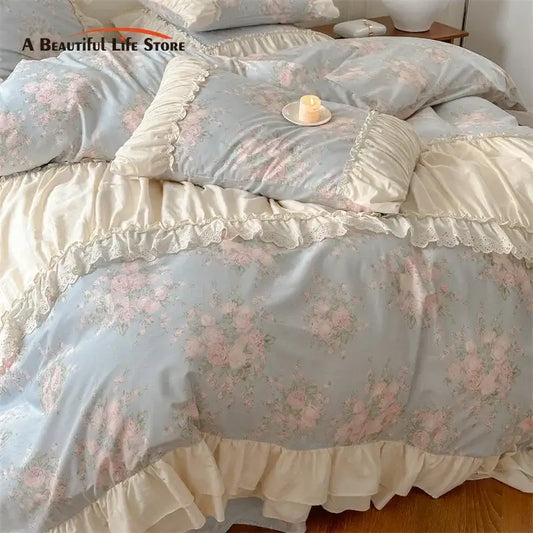 Light blue bedding set with delicate pink roses and cream ruffles elegant decorbites french floral design