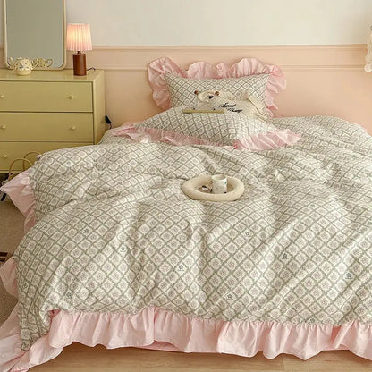 Pink ruffled bedding set with cream and gray geometric pattern vintage decorbites french floral cotton design