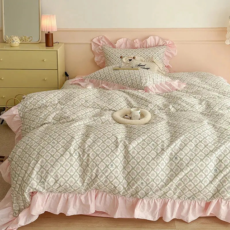 Pink ruffled bedding set with cream and gray geometric pattern vintage decorbites french floral cotton design