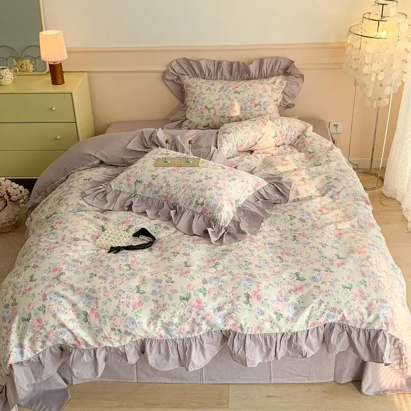 Pastel floral duvet bedding set with soft lavender ruffles in french floral cotton for vintage lavender decorbites bedroom