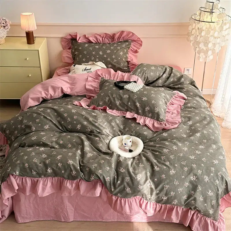 Vintage french floral cotton bedding set featuring olive-green velvet with white floral patterns and pink satin ruffles for decorbites french floral decor