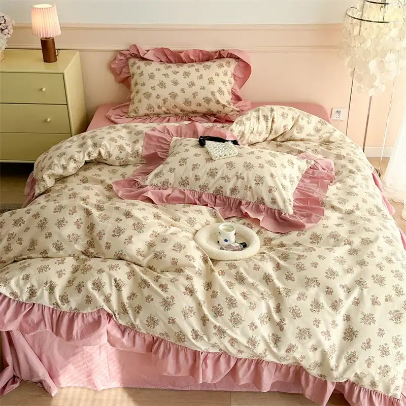 Pink and cream vintage french floral cotton bedding set with ruffled edges for lavender bedroom decorbites french floral