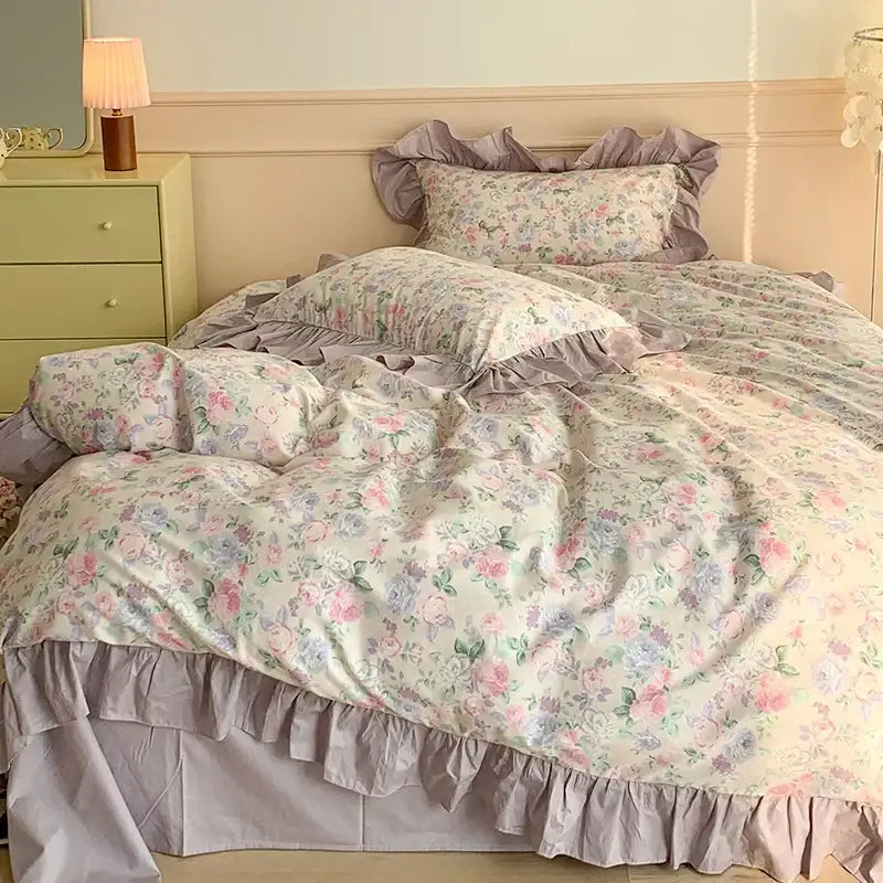 Pastel floral duvet bedding set with soft lavender ruffles and delicate rose pattern on cream french floral cotton fabric