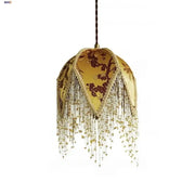 Golden silk pendant lights with intricate brown floral embroidery and iron tassel led decorbites accents for bedroom decor
