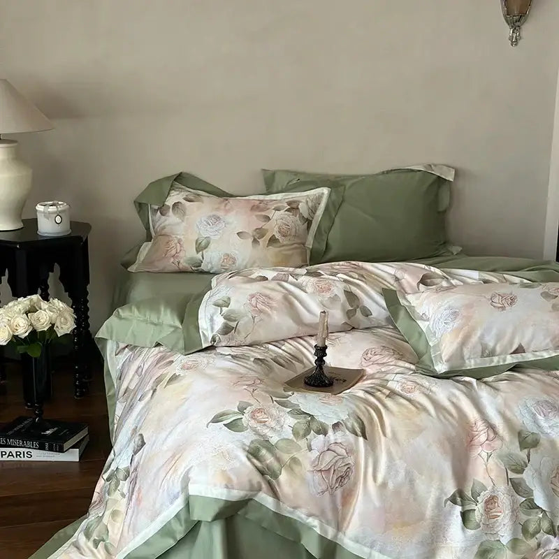 A soft satin bedding set with a vintage french rose flower print in muted pink and green hues
