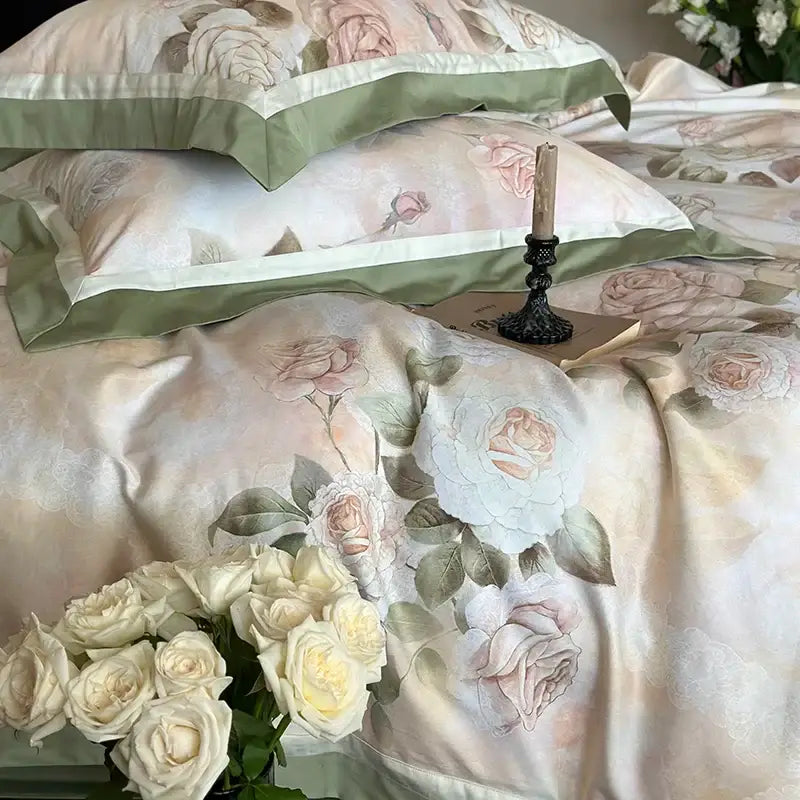 Elegant satin bedding set with delicate french rose flower print in cream and green featuring sage piping