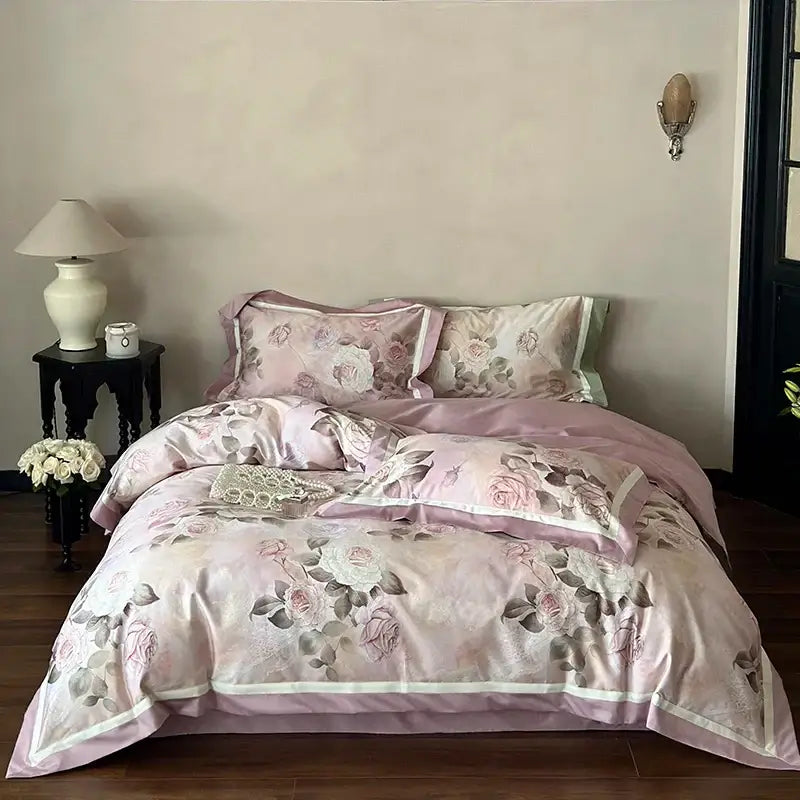 Pink satin bedding set with delicate french rose flower print and matching pillowcases for vintage cream and green bedroom