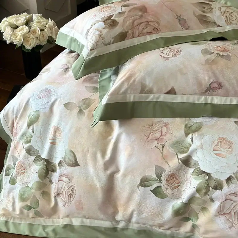 Elegant blush and sage green satin bedding set with french rose flower print and subtle sheen for cream and green bedroom
