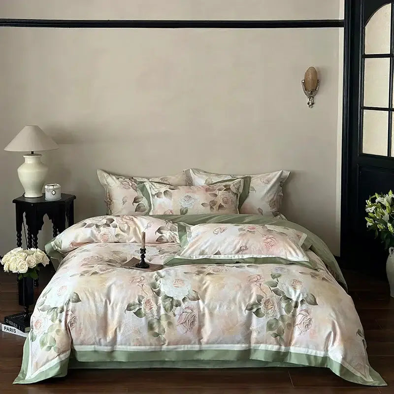 Elegant cream satin bedding set featuring vintage french rose flower print with soft pink and sage green accents