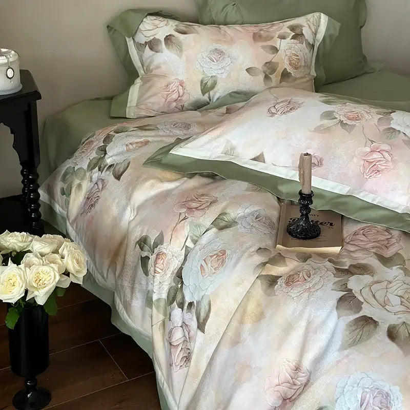 Vintage french rose flower print bedding set in cream with sage green piping and satin-like rose flower print fabric