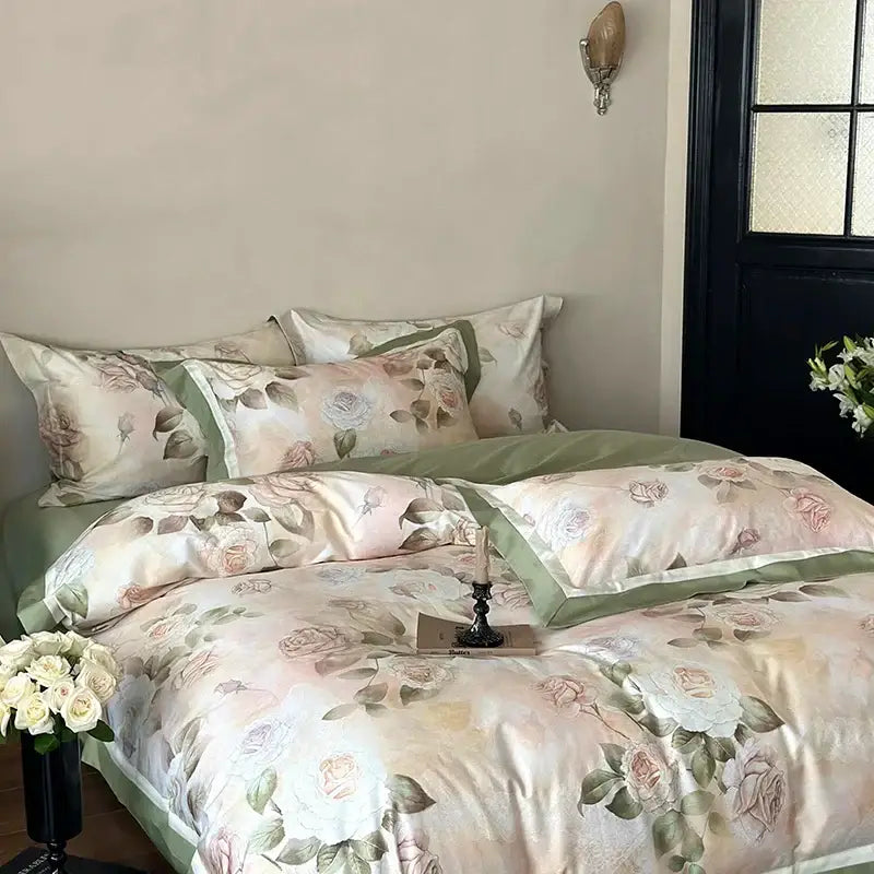Elegant satin bedding set with vintage french rose flower print in cream, blush, and sage green tones