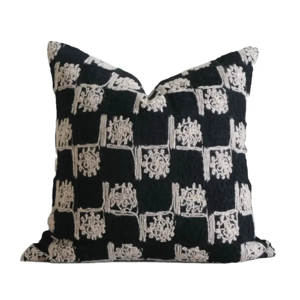 Black throw pillow decorative cushion cover with cream embroidered floral grid design vintage french sunflower style