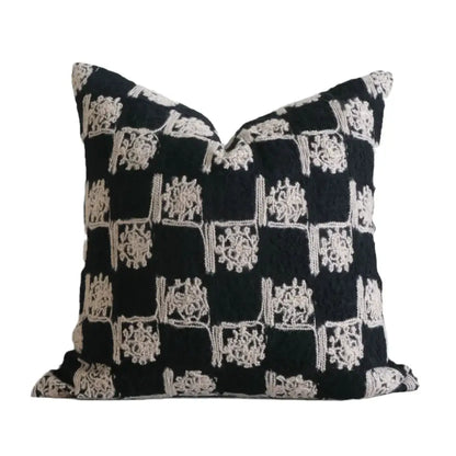 Black throw pillow decorative cushion cover with cream embroidered floral grid design vintage french sunflower style
