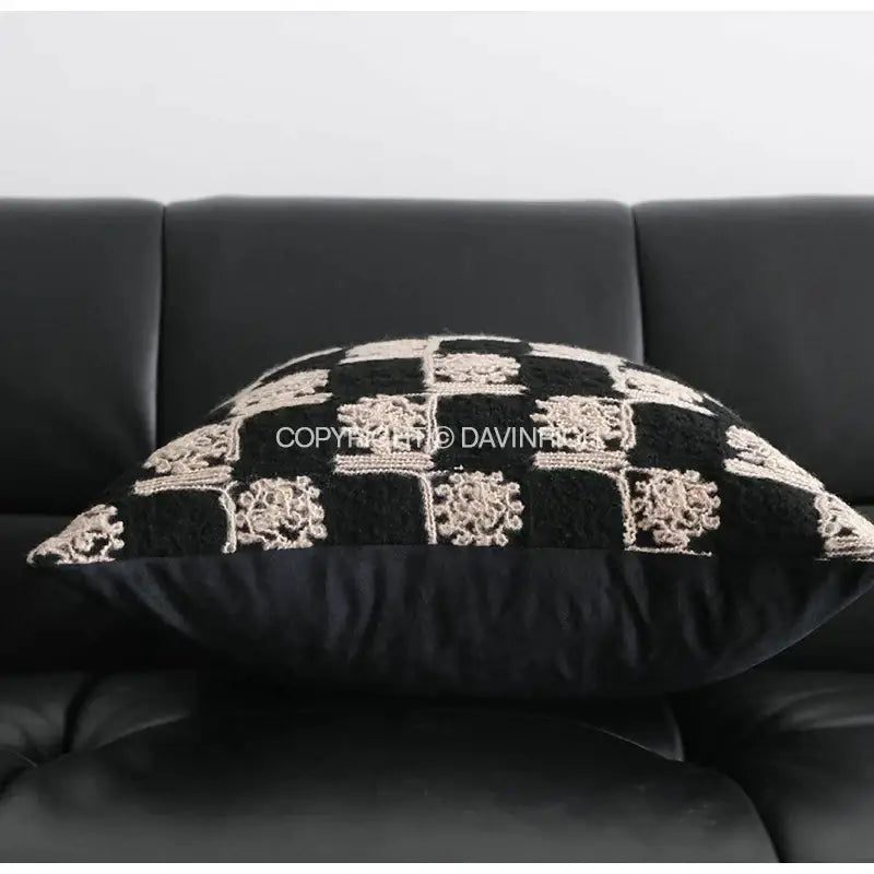 Black velvet decorative cushion cover with intricate cream embroidered checkered patterns vintage french sunflower design