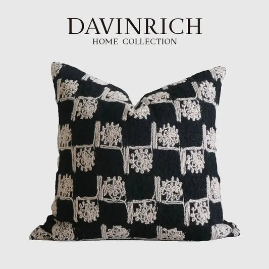 Black and cream embroidered vintage French sunflower decorative cushion cover from Davinrich Home Collection