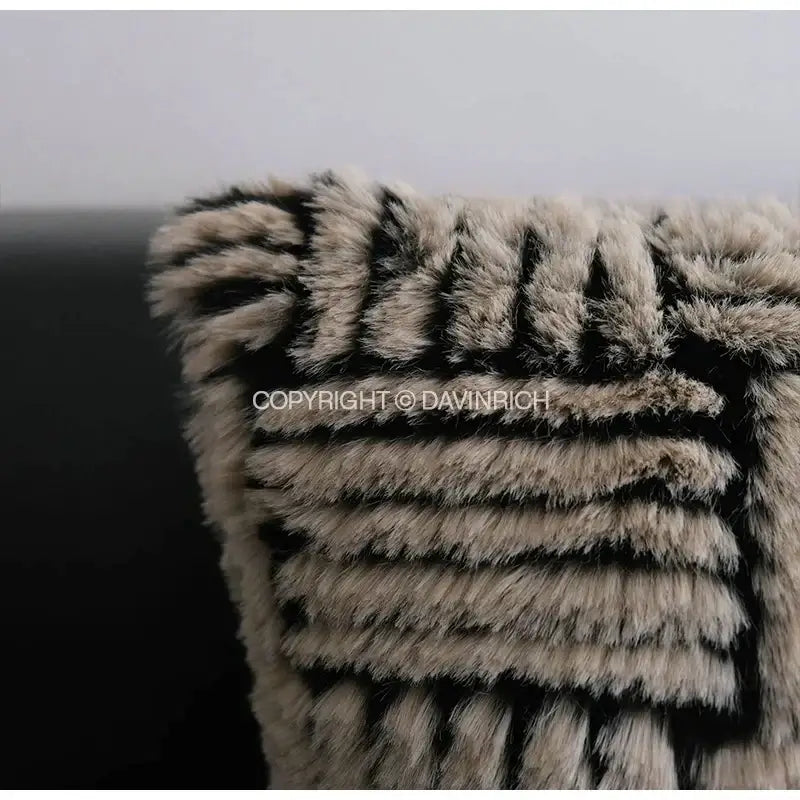 Vintage french sunflower black and cream decorative cushion cover with plush faux fur beige and black striped cuff