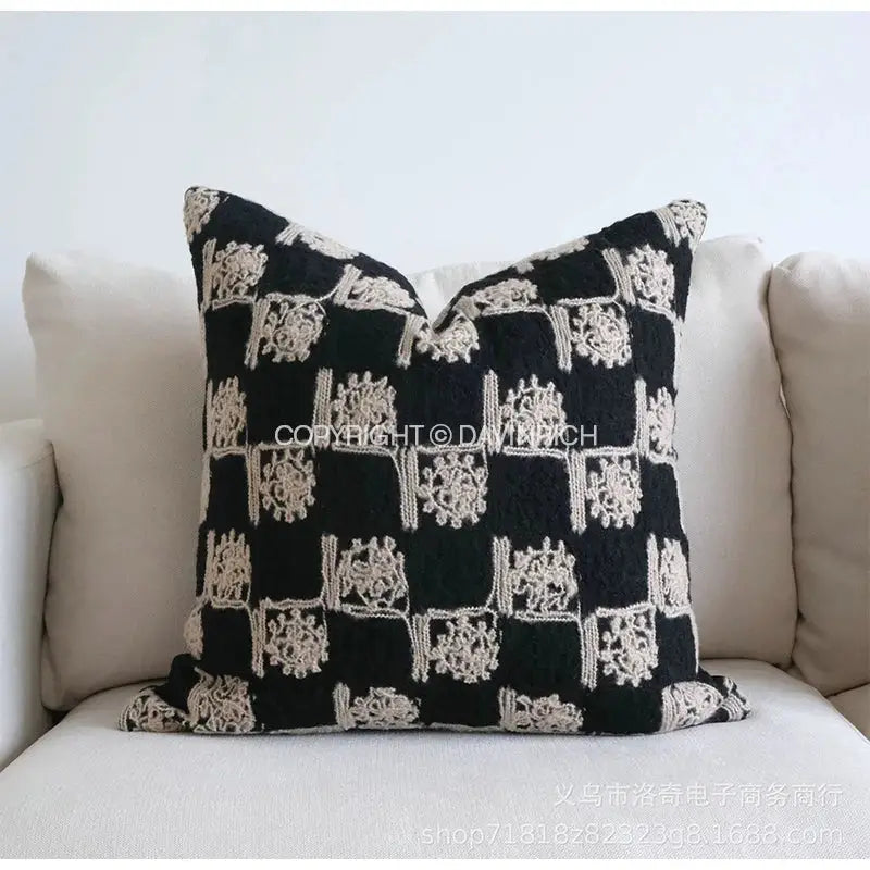 Black throw pillow cushion cover with cream embroidered floral grid pattern vintage french sunflower decorative cushion