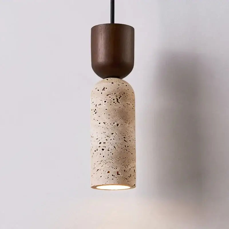 Vintage french pendant light with dark wood top and beige textured stone pendant light for dining room use