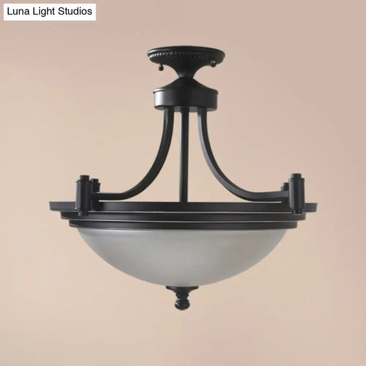 Vintage Frost Glass Semi Flush Mount with Bowl Shade: 3-Bulb Black Entryway Ceiling Light