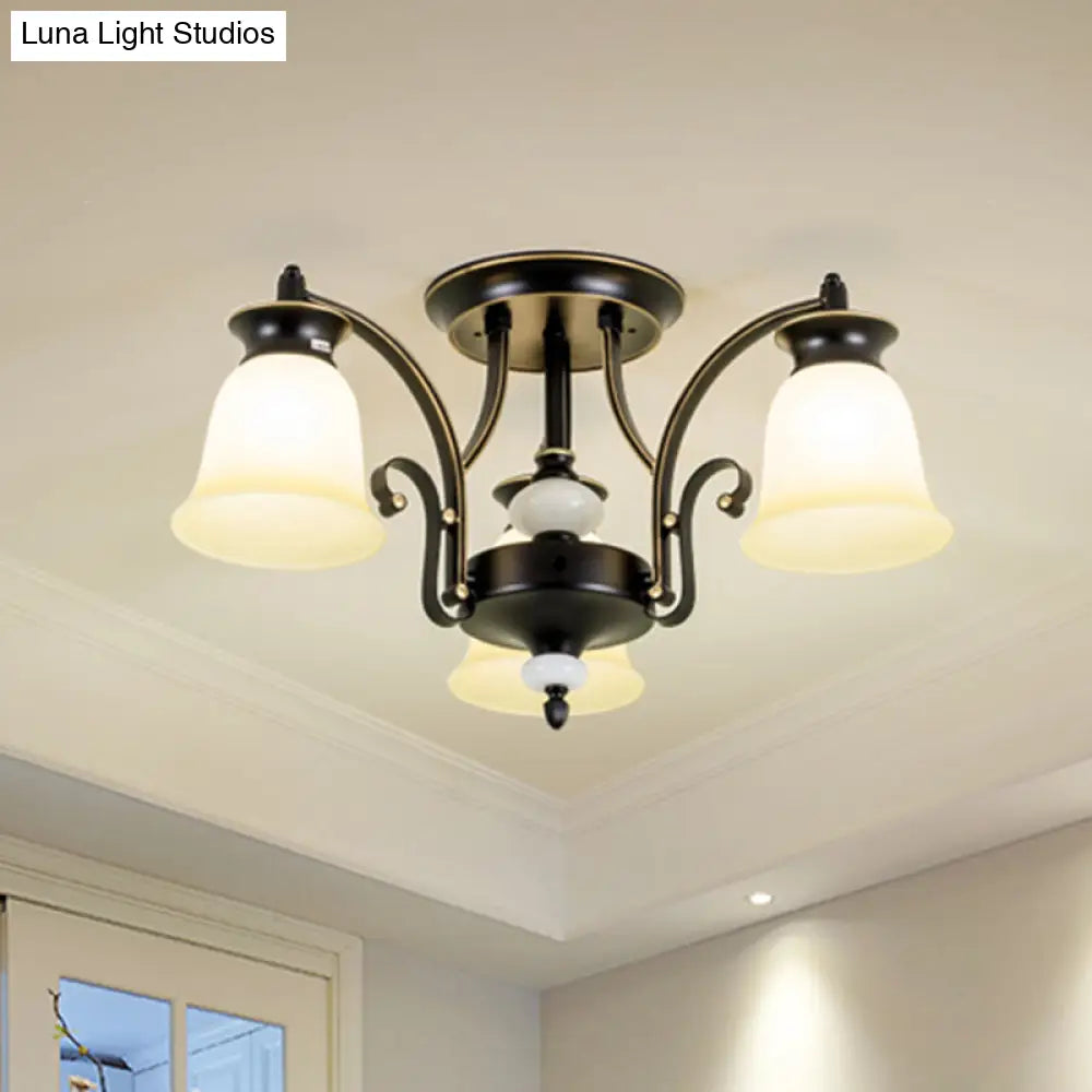 Vintage Frosted Glass Flared Shade Semi Flush Mount Chandelier - Black