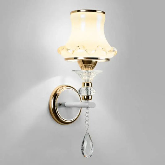Vintage Frosted Glass Flared Wall Sconce with Crystal Accents for Living Room