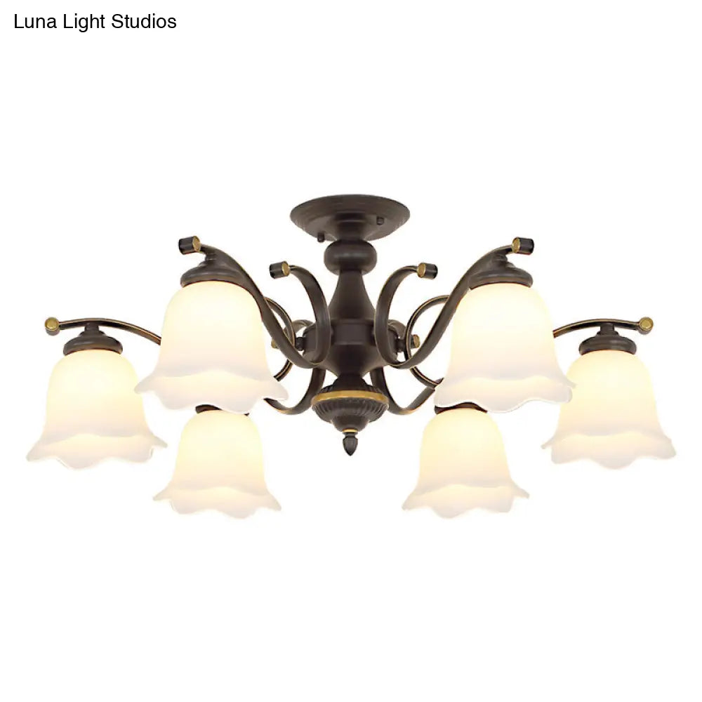 Vintage Frosted Glass Flower Shade Semi Flush Mount Chandelier for Bedroom Ceiling